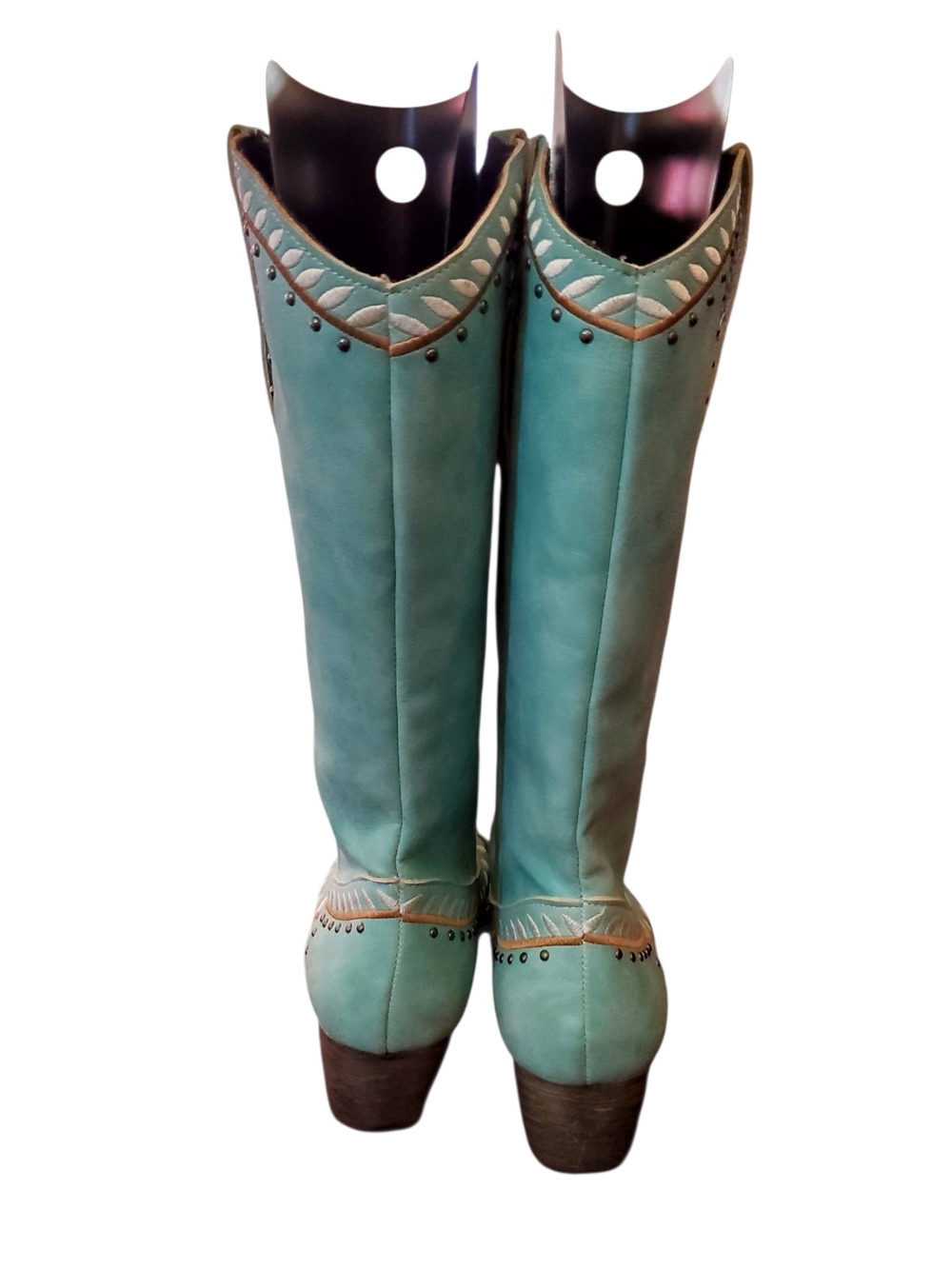 Turquoise Embroidered Western Heeled Boots - Picture 4 of 9